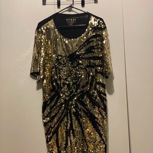 GUESS Black and Gold Sequin Mini Dress